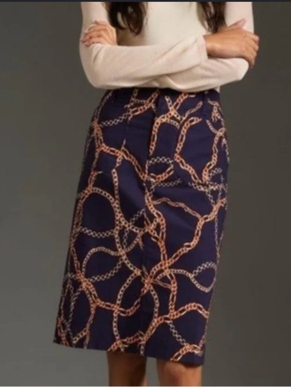 Anthropologie Maeve Colette Skirt XL Navy Blue Gold Chain Print